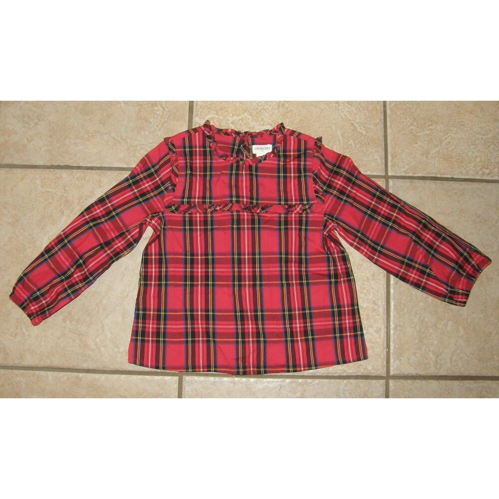 CREWCUTS Girls Sz 4-5 Red Plaid Ruffled Long Sleeve Christmas Holiday Shirt NEW
